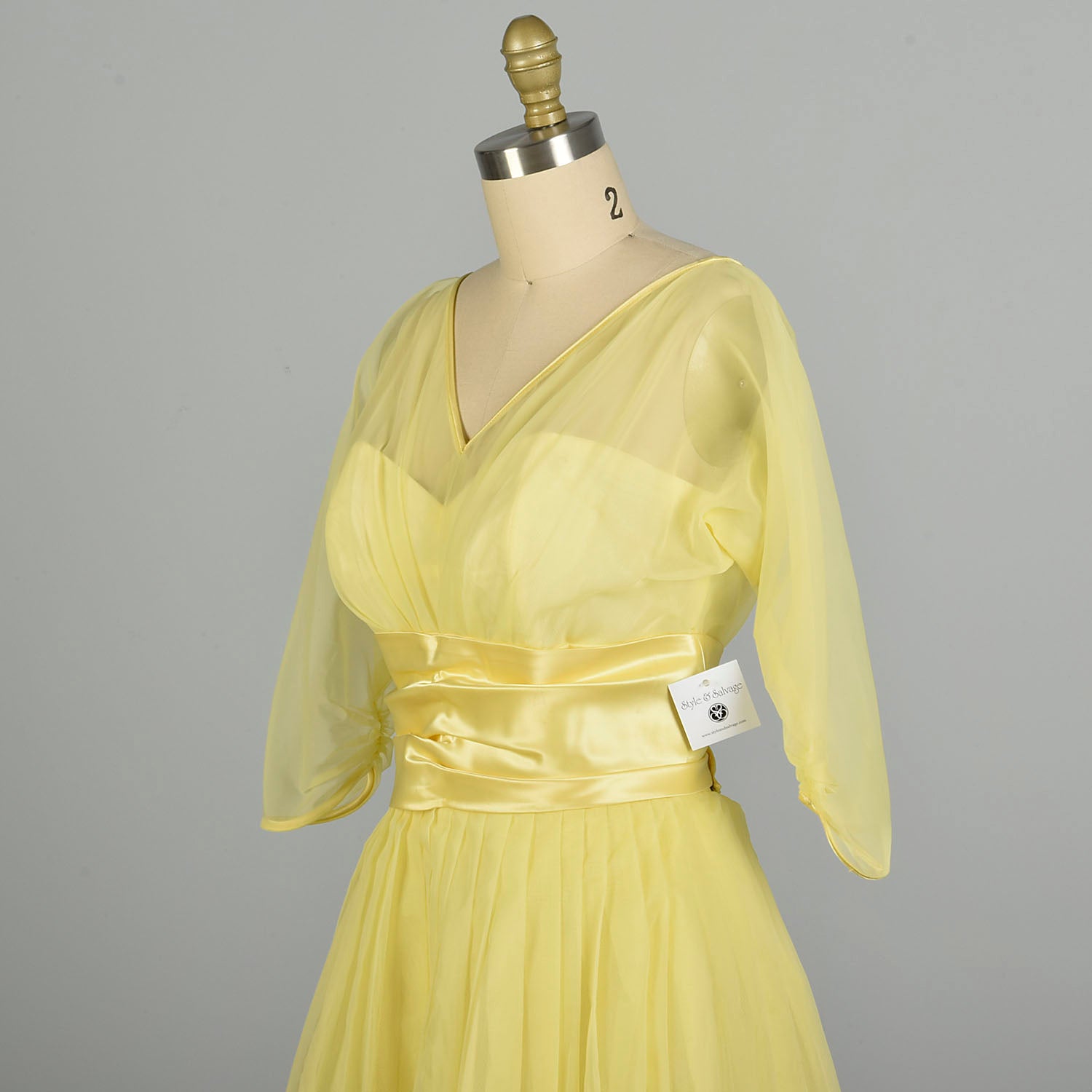 Medium 1950s Lemon Yellow Semi-Sheer Cummerbund Evening Party Prom Dress