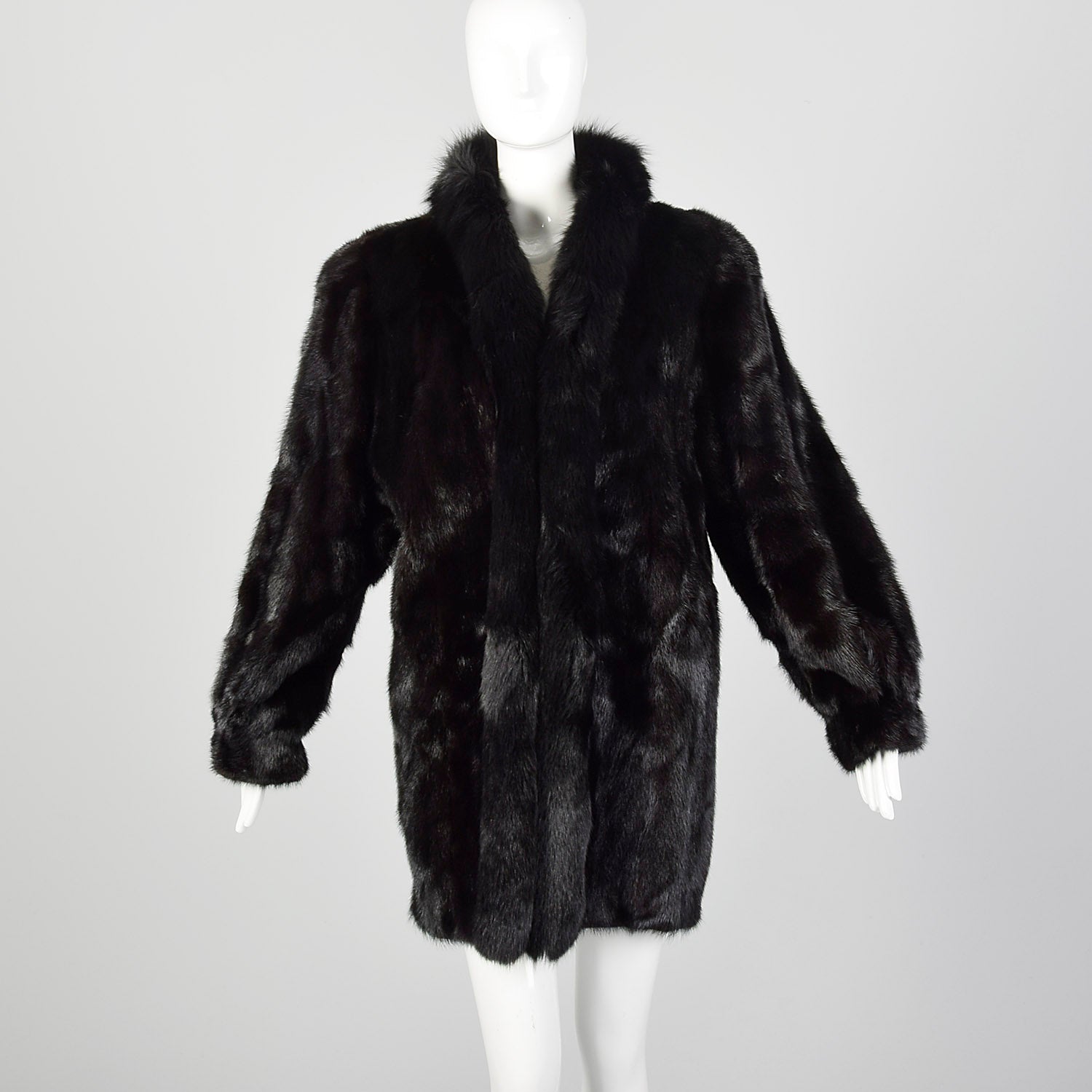 Large 1980s Black Mink Coat with Fox Fur Lapel
