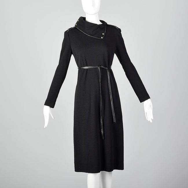 1970s Bonnie Cashin Black Wool Dress with Convertible Collar