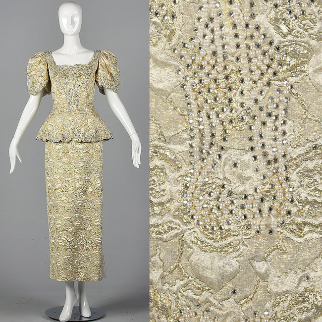 1980s Rose Taft Metallic Brocade Wedding Dress