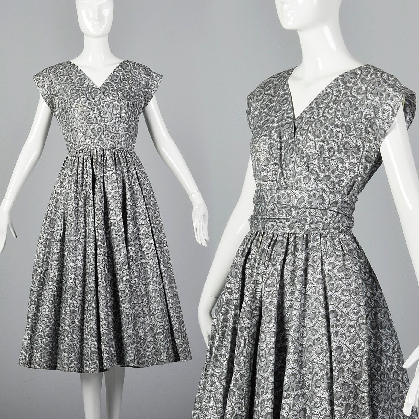 1950s Gray Cotton Lace Print Dress
