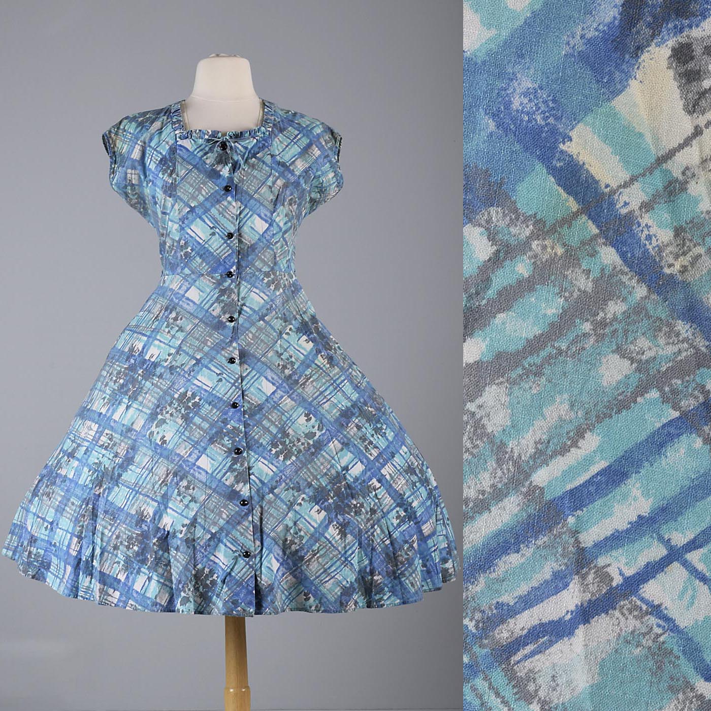 1950s Cotton Day Dress with Plaid Print