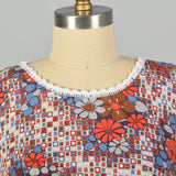 Small-Large 1960s Orange and Blue Floral and Geometric Wrap Dress