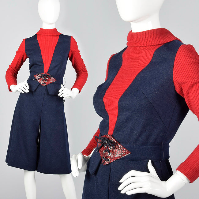 Small 1970s Knit Peplum Blouse and Culottes Set