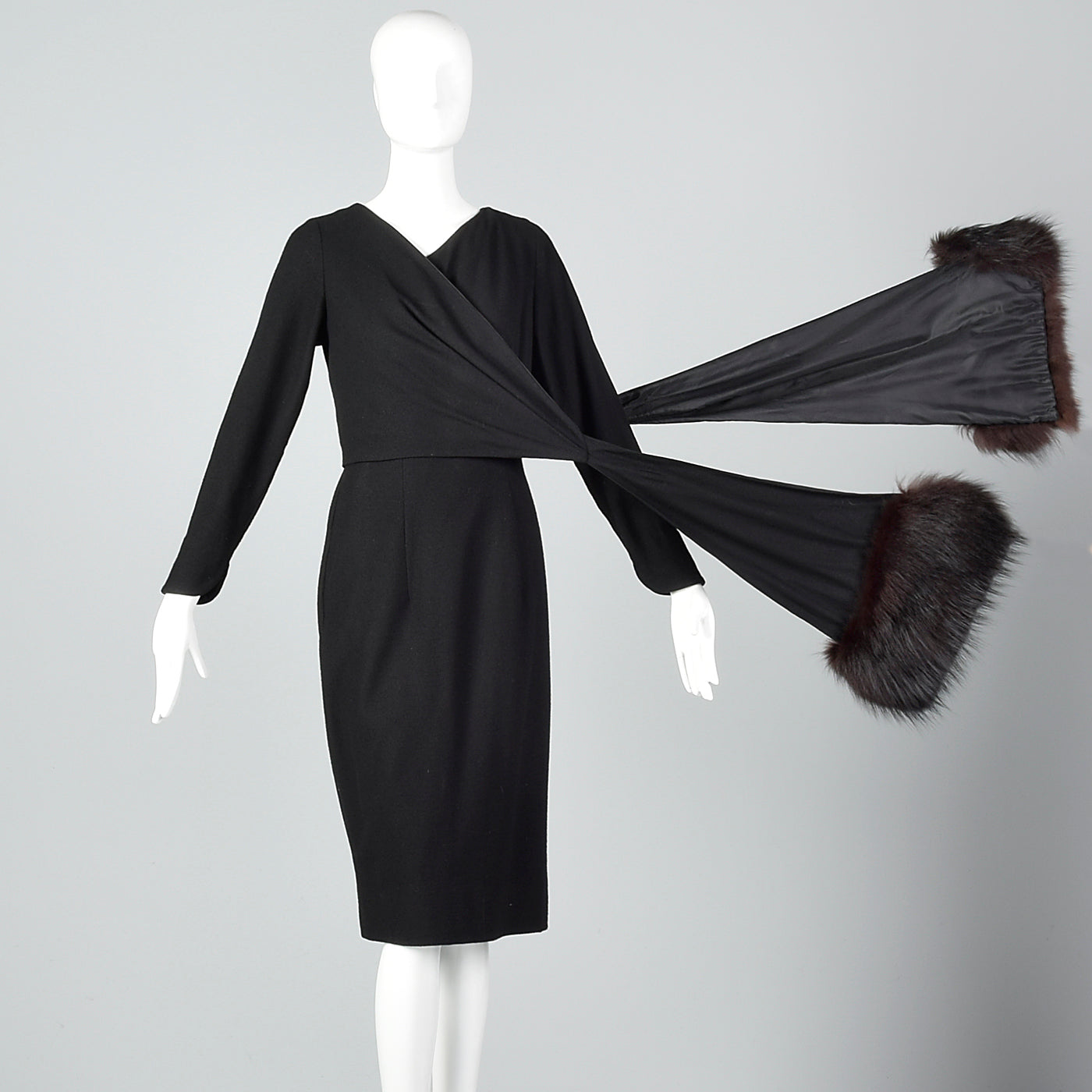 1970s Asymmetric Black Wool Dress with Matching Jacket