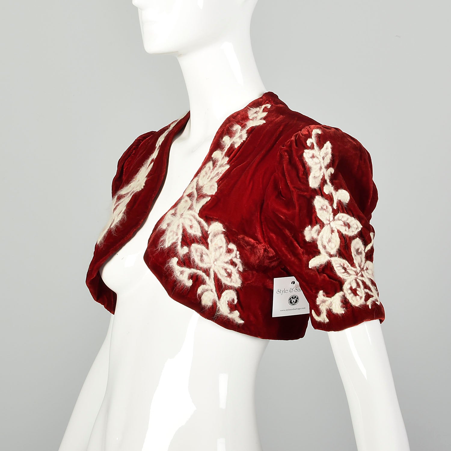 XS 1930s Red Rayon Velvet Bolero Embroidered Jacket