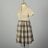 XL 1950s Yellow Cotton Day Dress Black Plaid Short Sleeves Casual Volup