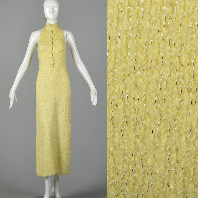 1970s Yellow Knit Maxi Dress with Metallic Silver Lurex