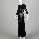 Small 1970s Kiki Hart Dress Disco Black Sequin Maxi Long Sleeve Evening Gown