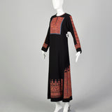 XL 1970s Neiman Marcus Black Dress Wool Embroidered Kaftan