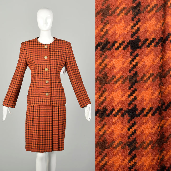 Large 1990s Givenchy Houndstooth Plaid Ensemble Orange Autumn Tweed Wool 2 Piece Skirt Suit