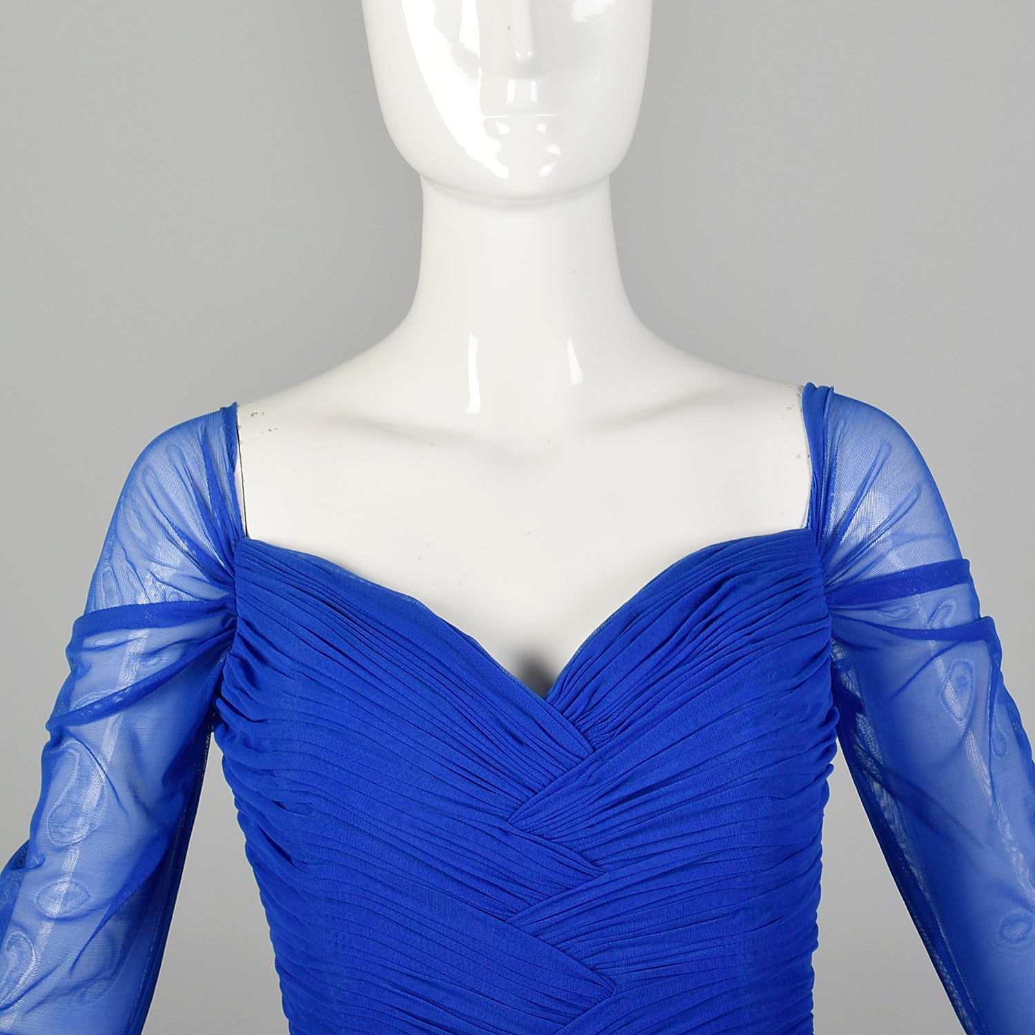 Large 1980s Dress Vicky Tiel Blue Mesh Gown Long Sheer Sleeves Ruched Bodice Sweetheart Neckline