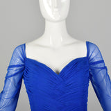 Large 1980s Dress Vicky Tiel Blue Mesh Gown Long Sheer Sleeves Ruched Bodice Sweetheart Neckline