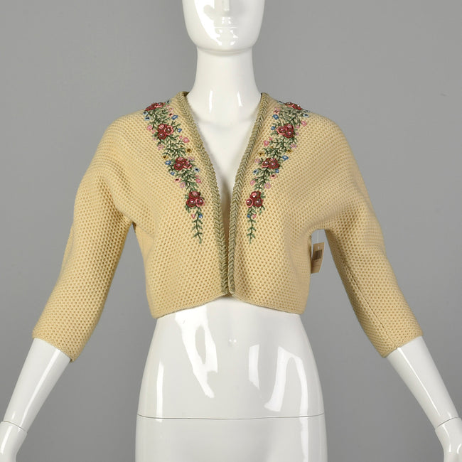 XS 1950s Beige Cropped Cardigan Sweater with Hand Embroidered Beading and Velvet Trim