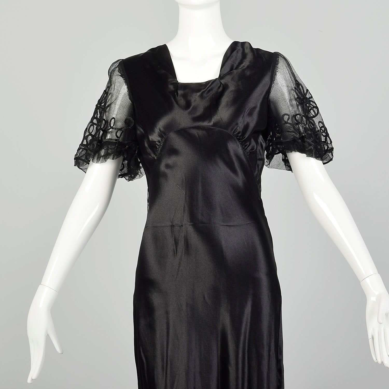 Small 1930s Black Silk Dress Bias Cut Mesh Short Sleeves