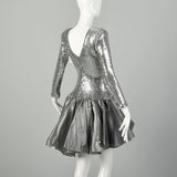XS 1980s Silver Sequin Party Dress Bow Drop Waist Long Sleeve