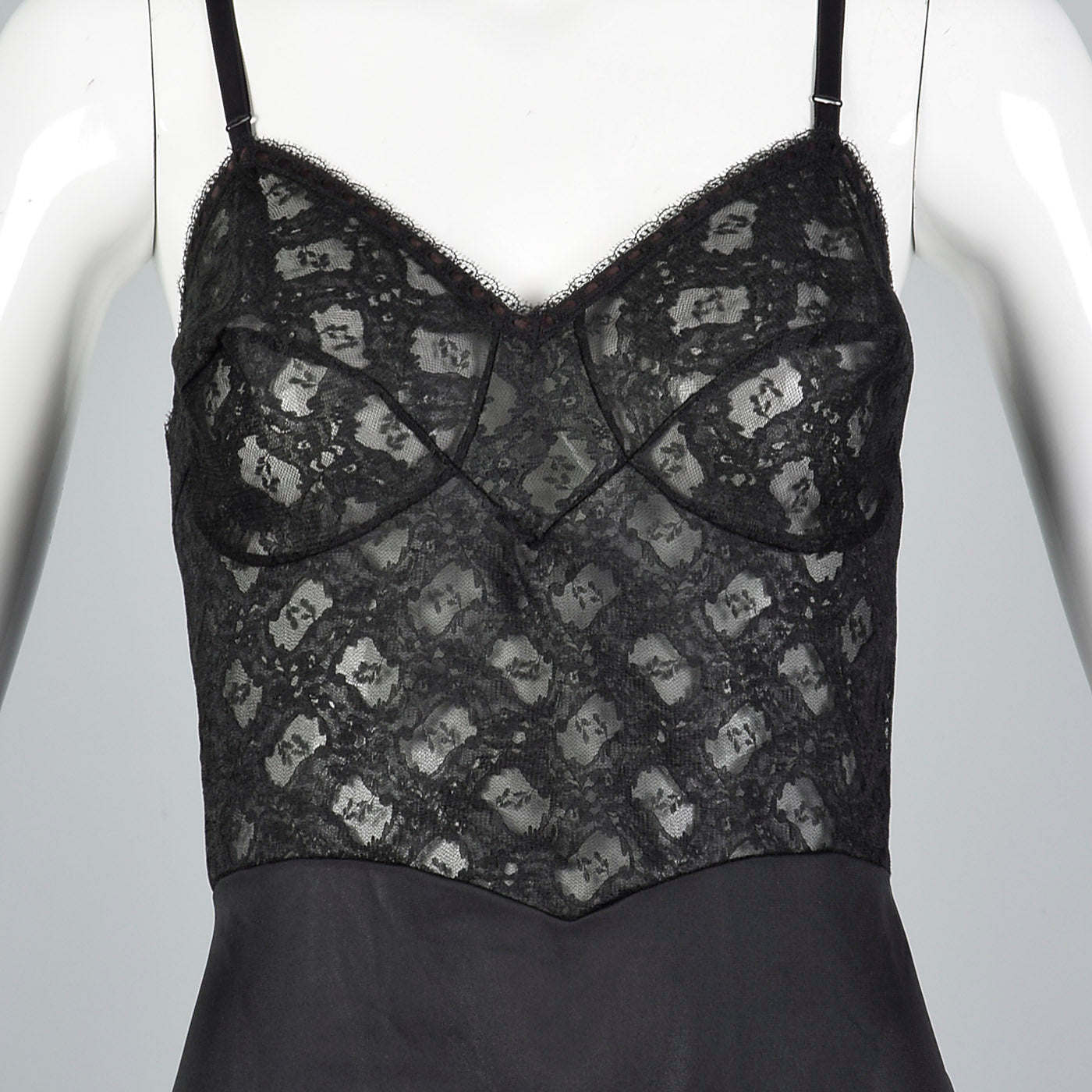 1950s Black Full Slip with Shaped Cups and Lace Bodice