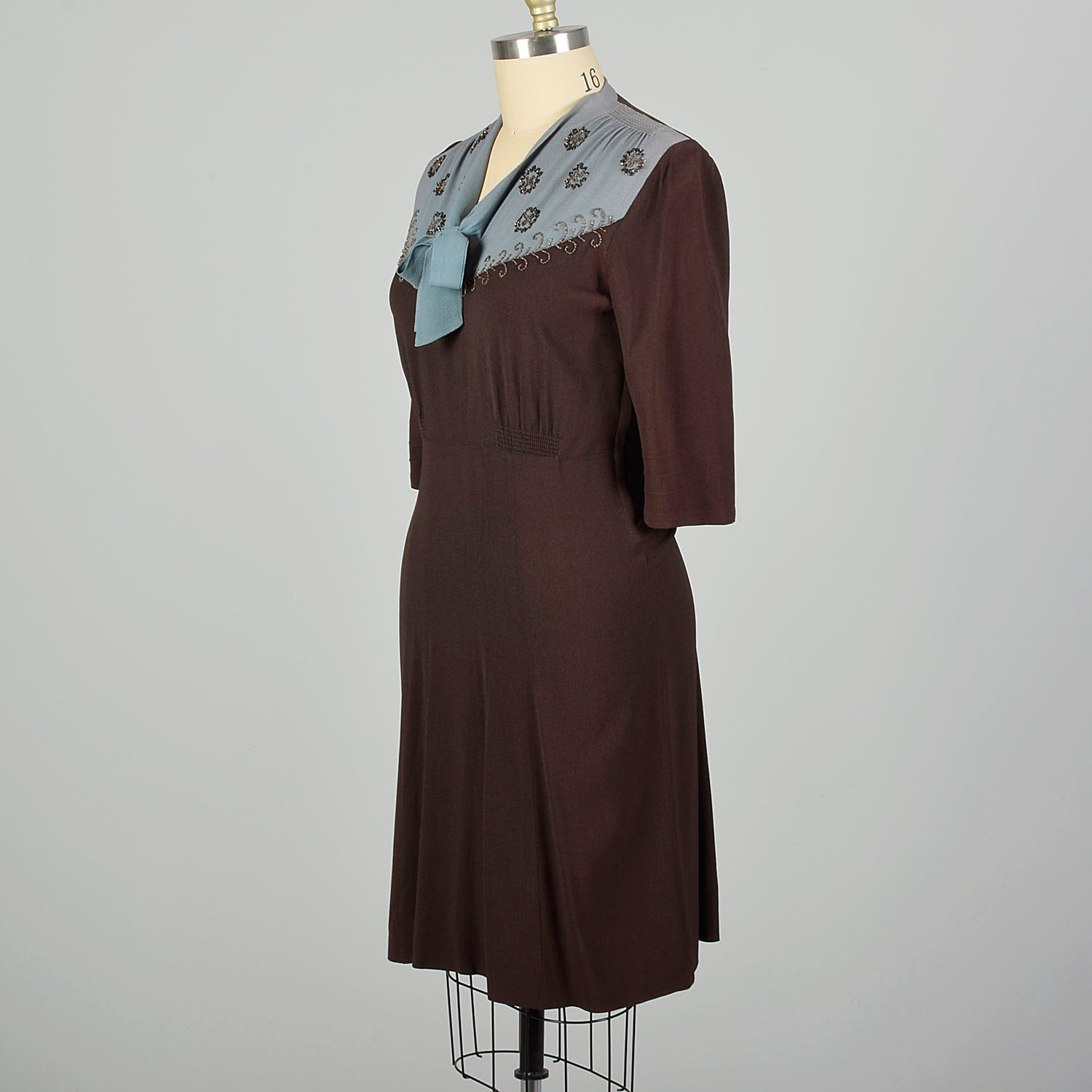 XL 1940s Dress Blue and Brown Volup Rayon with Beading