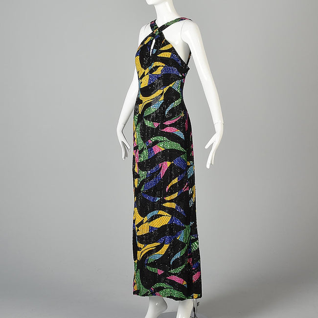 1990s Michael Novarese Abstract Beaded Formal Dress