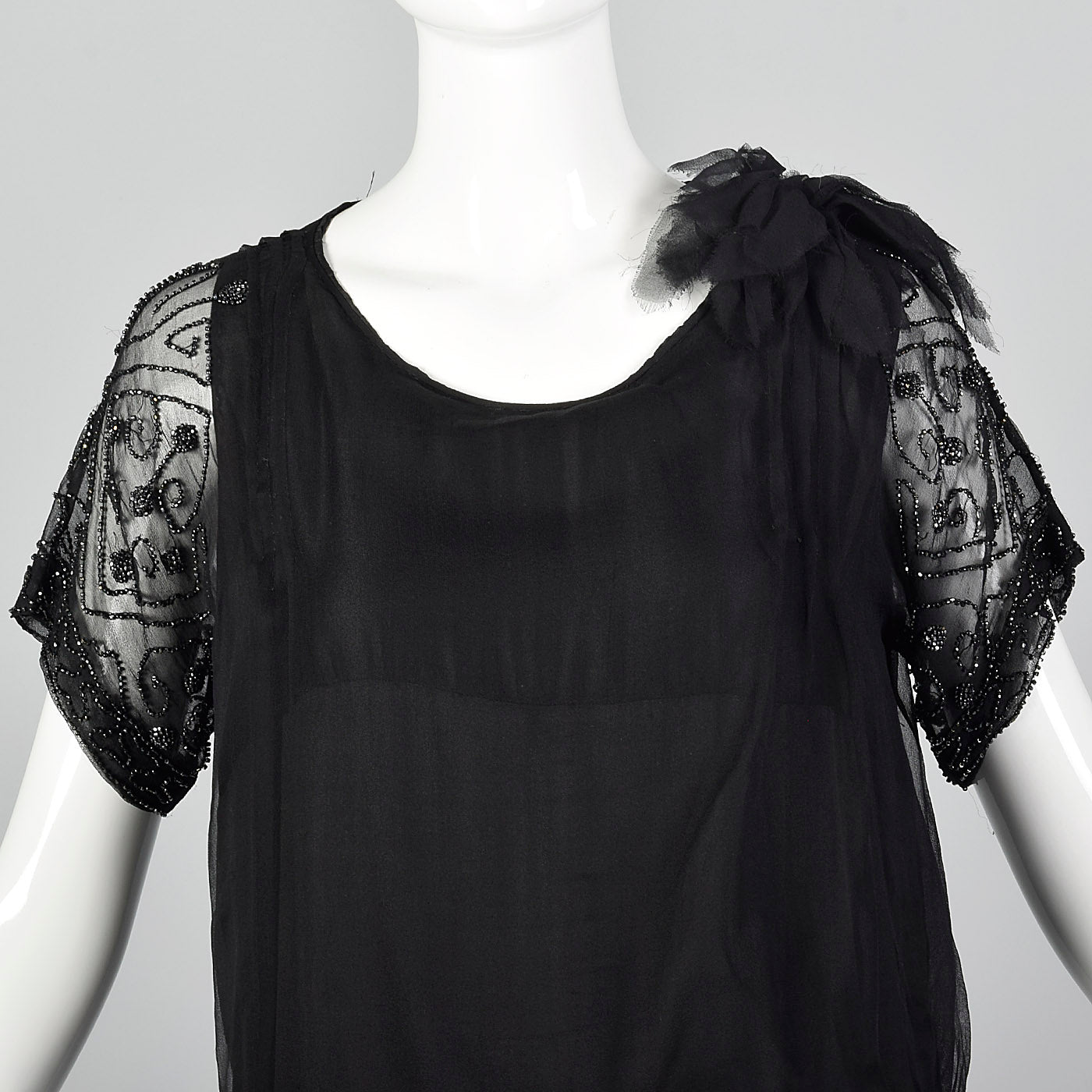 1920s Black Silk Chiffon Dress with Steel Beads