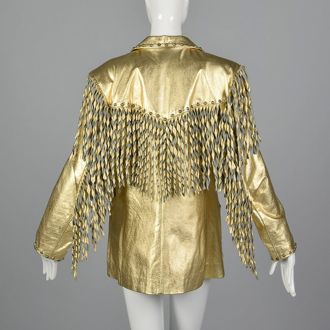 1980s Metallic Gold Leather Coat with Fringe Trim