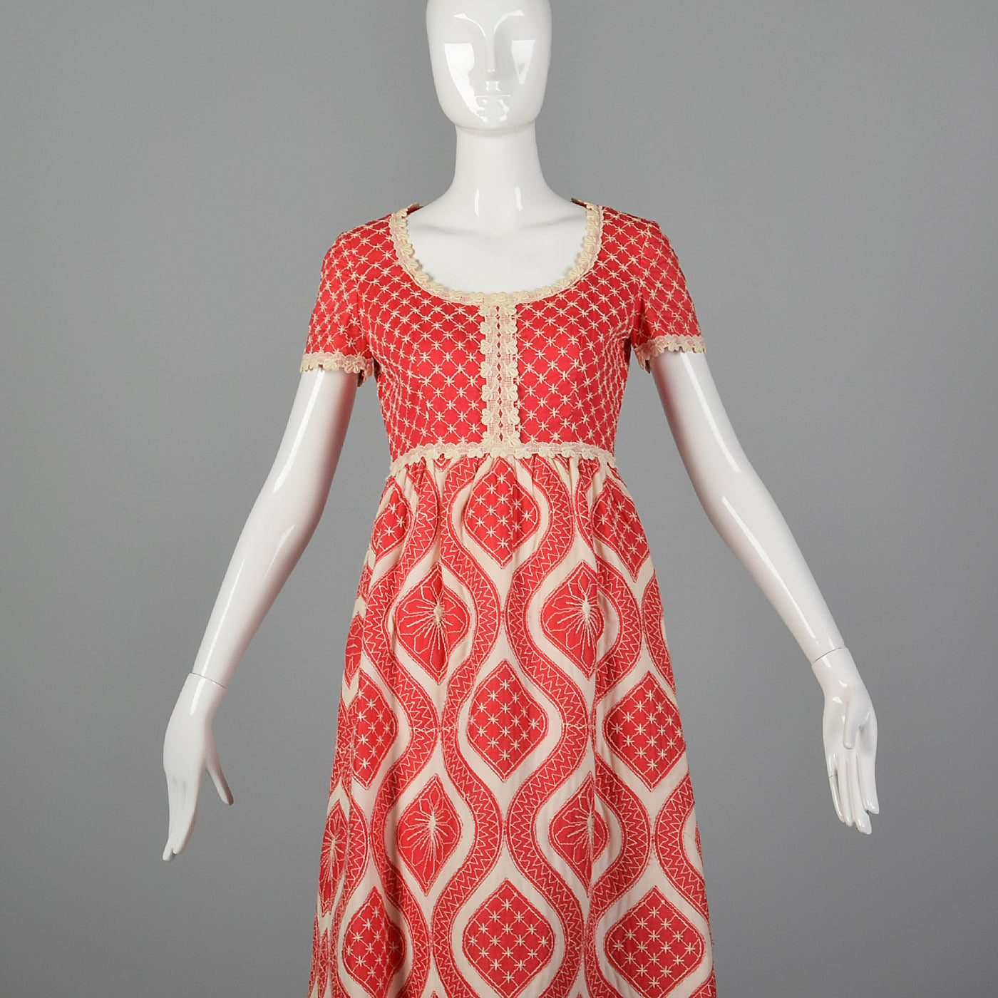 1970s Quilted Maxi Dress in Coral