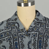 Large 1950s Day Dress Grey Novelty Block Print Cotton Summer