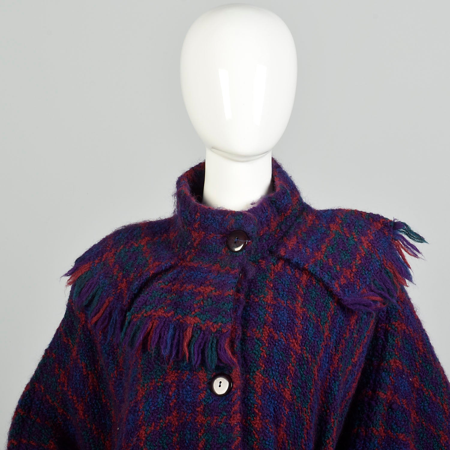 OSFM 1980s Purple Blue Green Red Plaid Wool Poncho Long Cape Woven Textile Jewel Tone Wrap