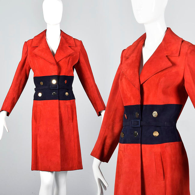 Bright Red Loewe Leather Trench Coat with Navy Blue Waist and Mod Gold Buttons