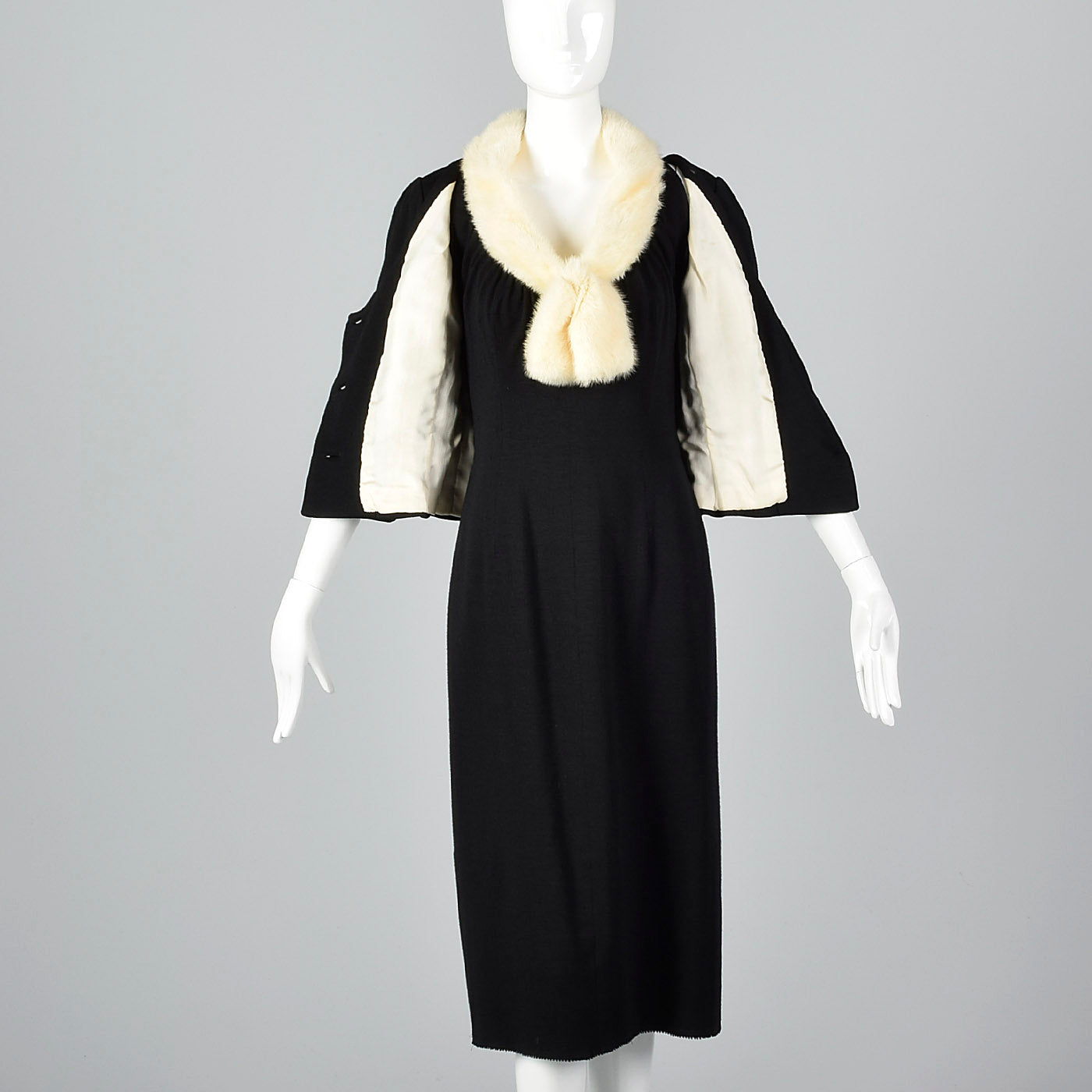 1950s Black Dress with Ermine Fur Collar and Matching Jacket