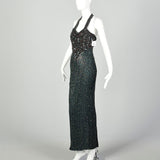 Small 1990s Halter Dress Forest Green Bugle Beaded Evening Gown