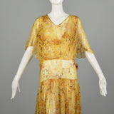 XL 1930s Sheer Silk Dress Floral Print Orange Yellow Volup Flowy Elegant Gown