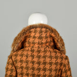 Large 1970s Coat Orange Brown Chunky Boucle Tweed Wool Real Fox Fur Winter