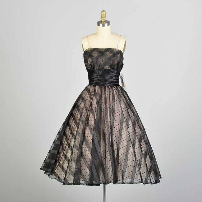 XS 1950s Black Strapless Striped Polka Dot Fit & Flare Cummerbund Party Prom Dress