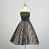 XS 1950s Black Strapless Striped Polka Dot Fit & Flare Cummerbund Party Prom Dress