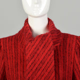 Medium 1980s Pauline Trigere Coat Red Mohair Black Stripes Winter Maxi Scarf Collar