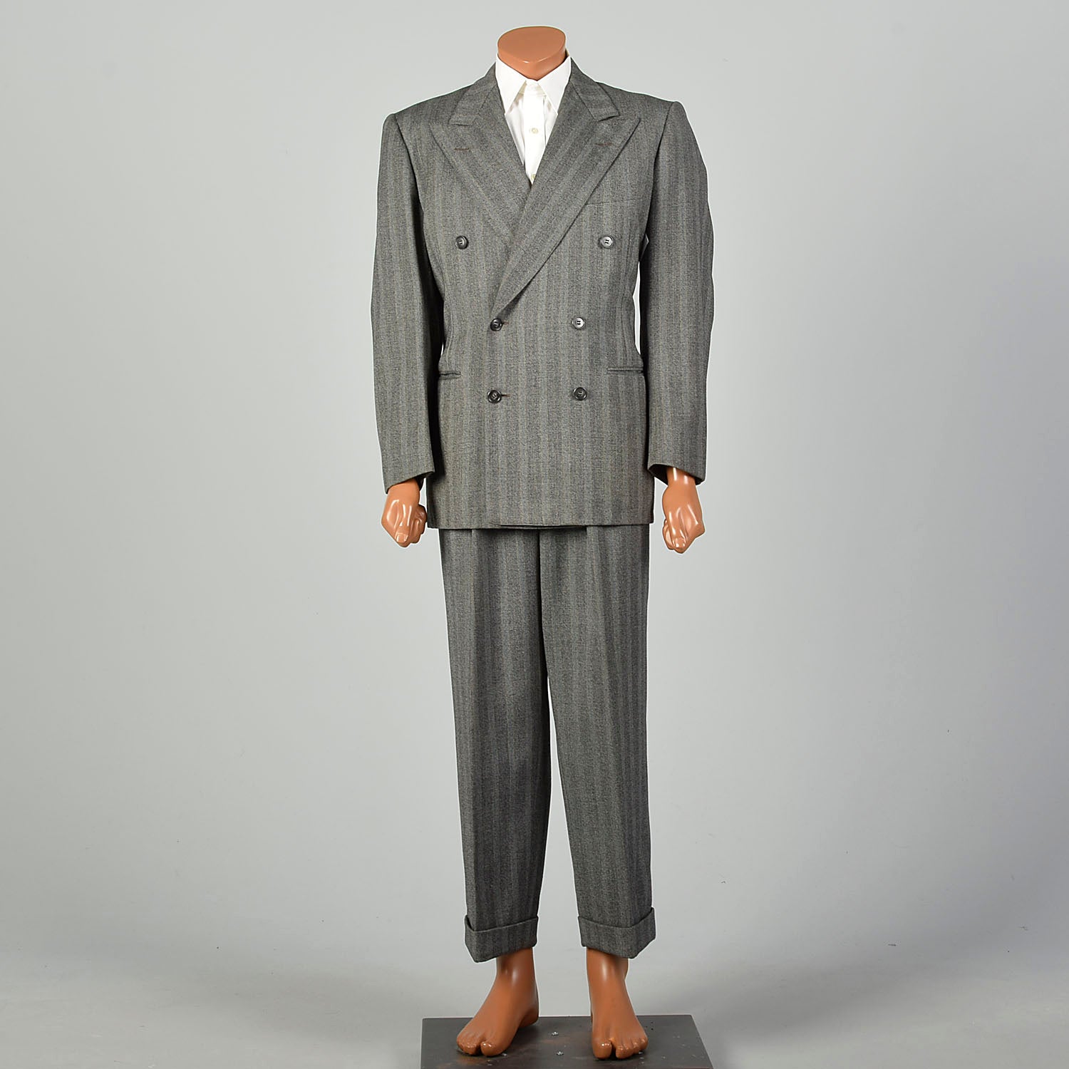 42L 1940s 2pc Suit Grey Herringbone Twill Double Breasted Peak Lapel