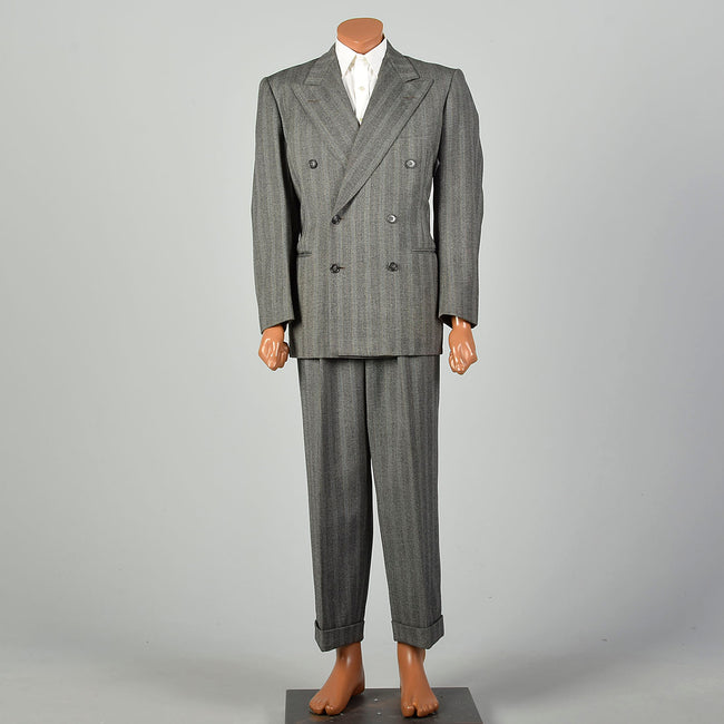 42L 1940s 2pc Suit Grey Herringbone Twill Double Breasted Peak Lapel