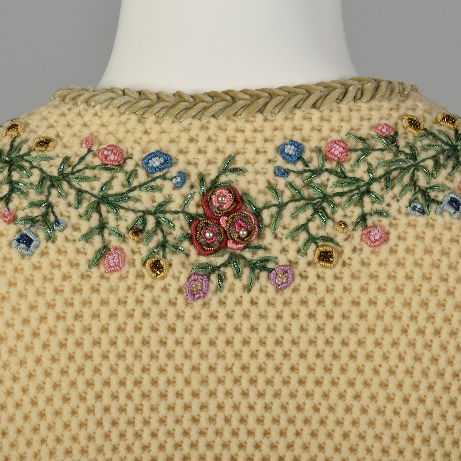 XS 1950s Beige Cropped Cardigan Sweater with Hand Embroidered Beading and Velvet Trim