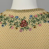 XS 1950s Beige Cropped Cardigan Sweater with Hand Embroidered Beading and Velvet Trim
