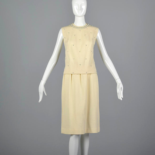 1960s Two Piece Cream Knit Set with Rhinestone Details