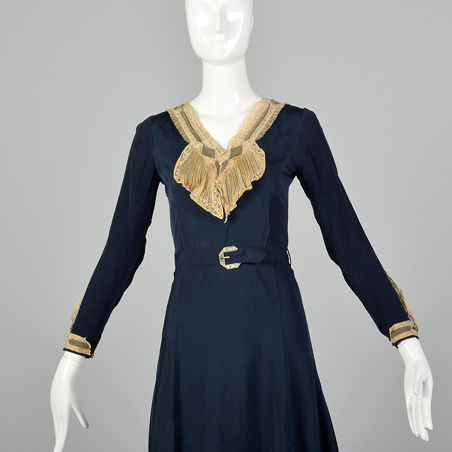 XS Frances Faire Frocks 1930s Navy Blue Lace Collar Dress XS Frances Faire Frocks 1930s Navy Blue Lace Collar Dress