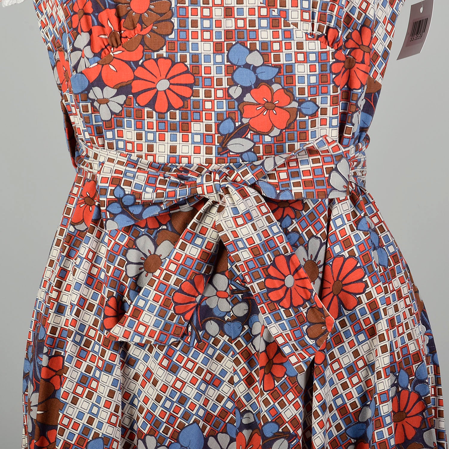 Small-Large 1960s Orange and Blue Floral and Geometric Wrap Dress