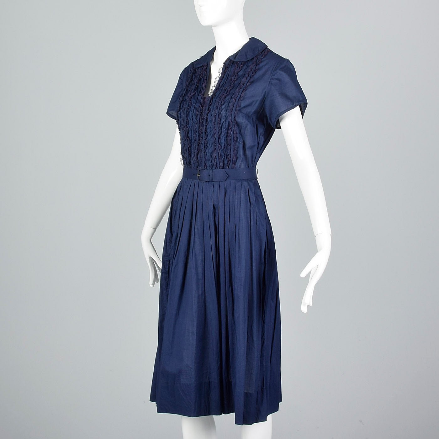 1950s Navy Cotton Day Dress with Ruffle Front