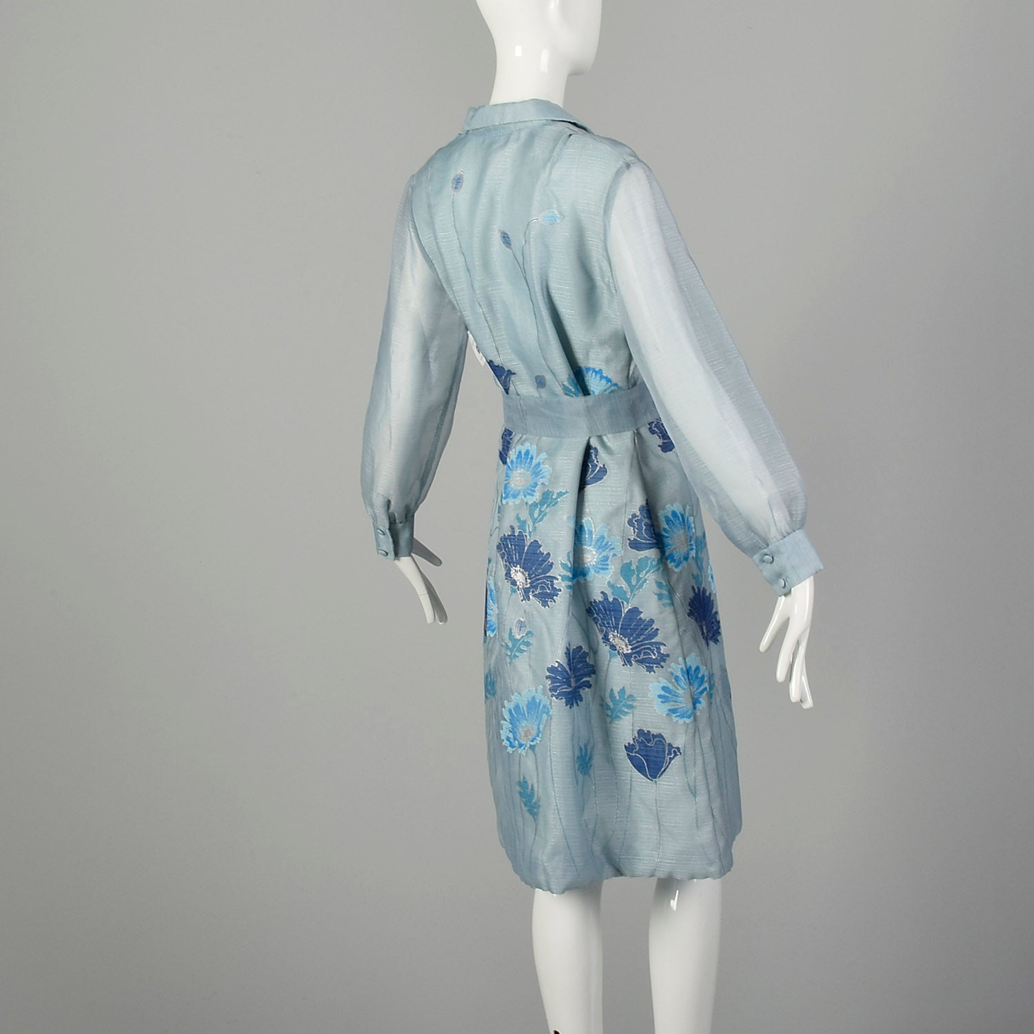 Large 1970s Dress Blue Lightweight Flower Long Sleeve Tassel Belted