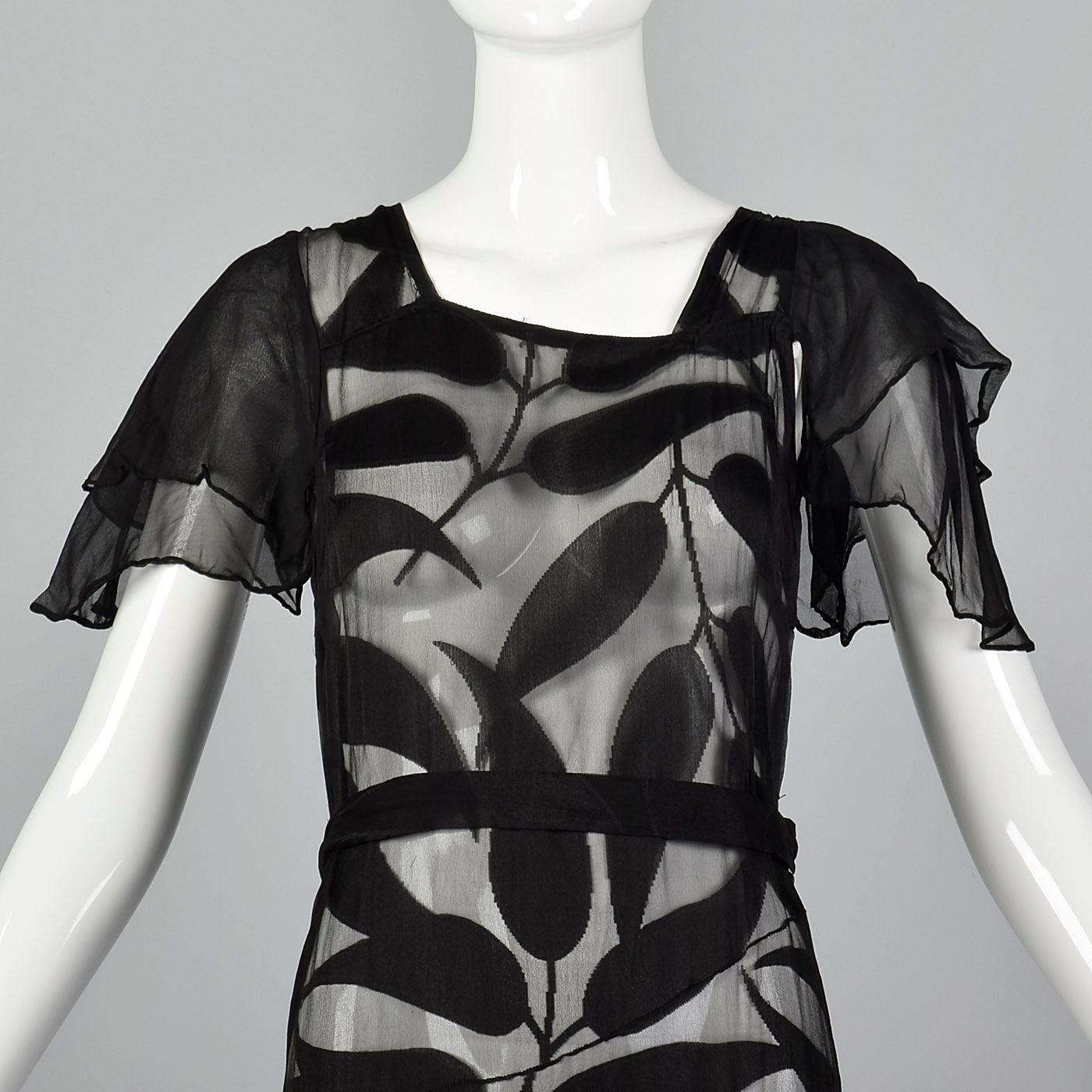 1930s Sheer Black Silk Dress with Abstract Leaf Design