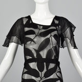 1930s Sheer Black Silk Dress with Abstract Leaf Design