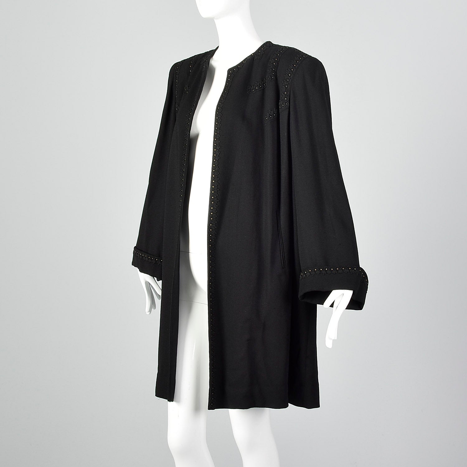 1940s Black Swing Coat with Soutache & Studs