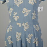 XL 1950s Day Dress Casual Blue Short Sleeve Floral Novelty Print Rayon