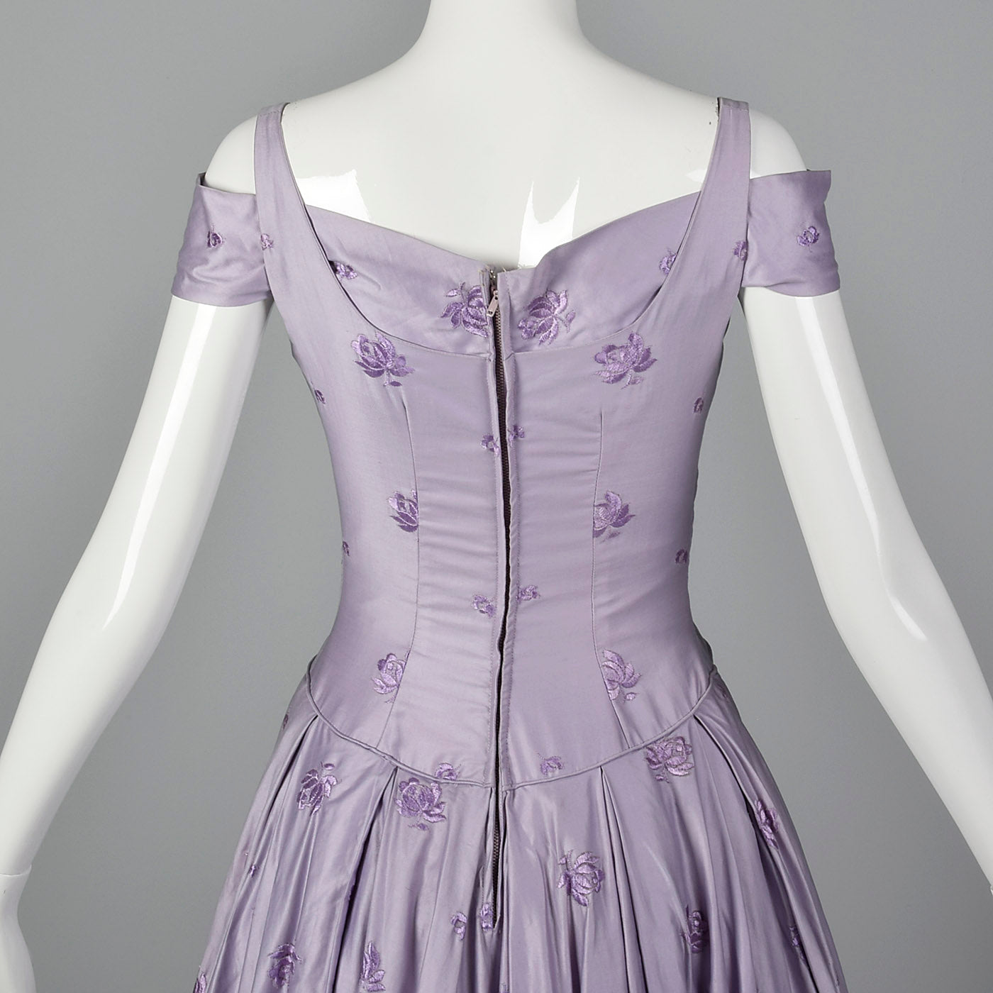 1950s Lavender Evening Dress with Floral Embroidery